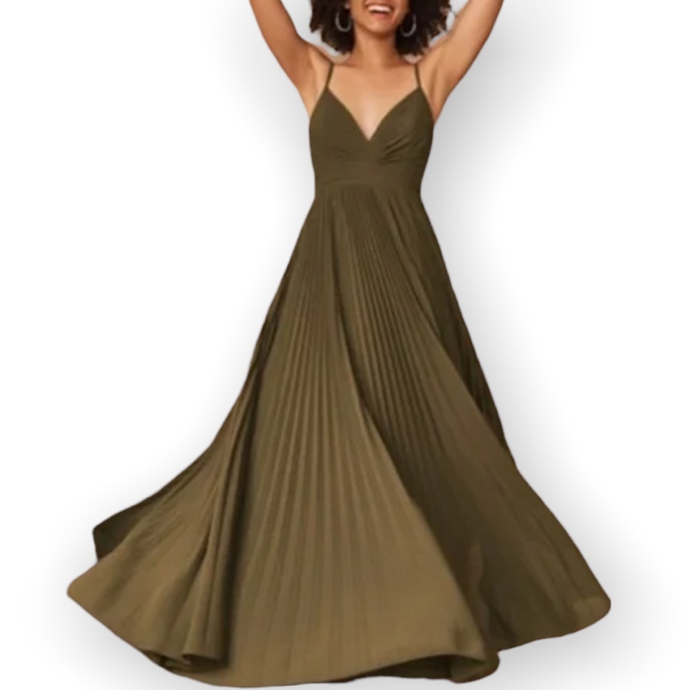 Fame & Partners x BHLDN Quinn 10 Olive Green Chiffon Pleated Formal Gown